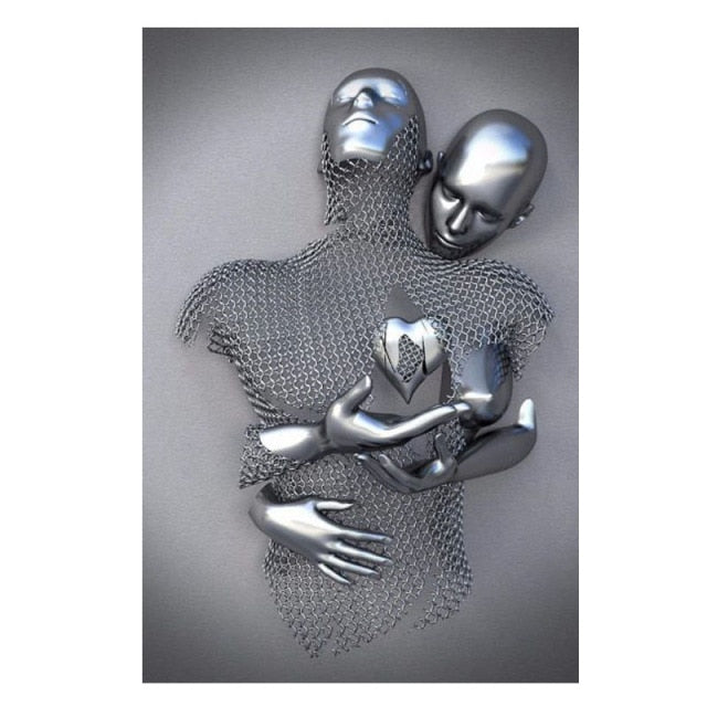 Nordic Couples Metal Figure Statue Wall Art Canvas Painting Lover Sculpture Poster Print Wall Picture for Living Room Home Decor