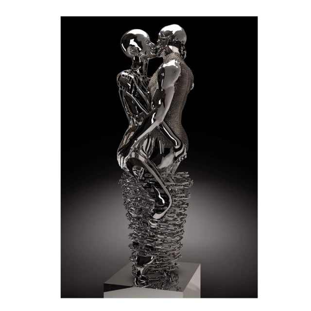 Nordic Couples Metal Figure Statue Wall Art Canvas Painting Lover Sculpture Poster Print Wall Picture for Living Room Home Decor