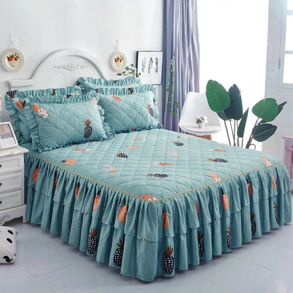   Christmas Princess Bedding Bed Skirt bedspread Pillowcases Winter Thick Warm Lace Bed Sheets Mattress Cover King Queen Size Bed Cover