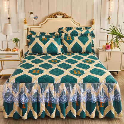   Christmas Princess Bedding Bed Skirt bedspread Pillowcases Winter Thick Warm Lace Bed Sheets Mattress Cover King Queen Size Bed Cover