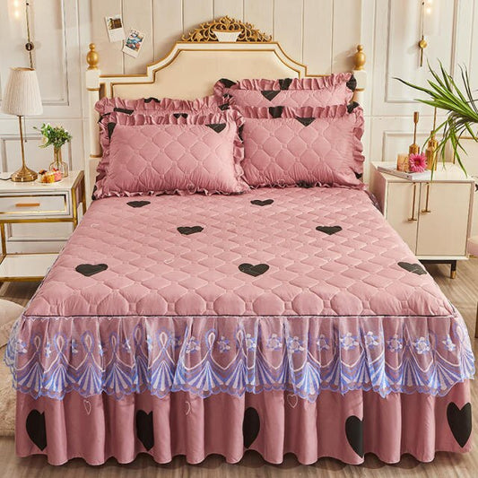   Christmas Princess Bedding Bed Skirt bedspread Pillowcases Winter Thick Warm Lace Bed Sheets Mattress Cover King Queen Size Bed Cover