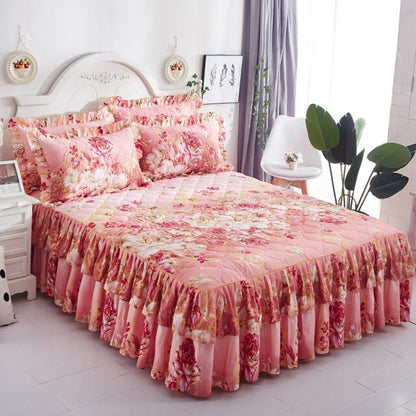   Christmas Princess Bedding Bed Skirt bedspread Pillowcases Winter Thick Warm Lace Bed Sheets Mattress Cover King Queen Size Bed Cover