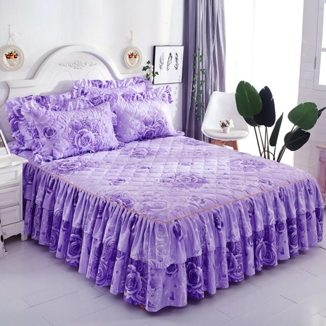   Christmas Princess Bedding Bed Skirt bedspread Pillowcases Winter Thick Warm Lace Bed Sheets Mattress Cover King Queen Size Bed Cover