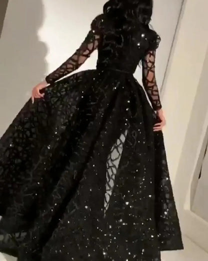 Casual Dresses Formal Evening Prom Beading For Women Female Ladies Party Long  O-Neck Light Black Ball Gown Floor-Length Clothes