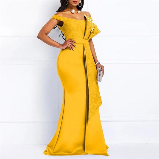 Yellow Dress Long For Women Off Shoulder Sexy Mermaid Beads Skinny Prom Floor Length Evening Dinner Wedding Party Maxi Dresses 210510