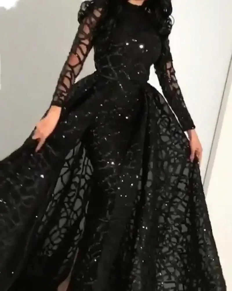 Casual Dresses Formal Evening Prom Beading For Women Female Ladies Party Long  O-Neck Light Black Ball Gown Floor-Length Clothes