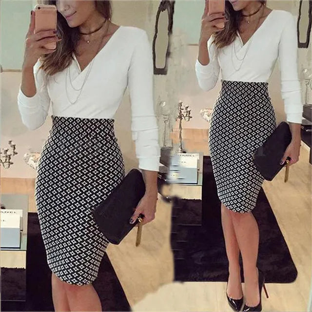 office lady elegant dress Women Formal Business Stretch Evening Slim Pencil Dress fashion plaid patchwork party dresses vestido1