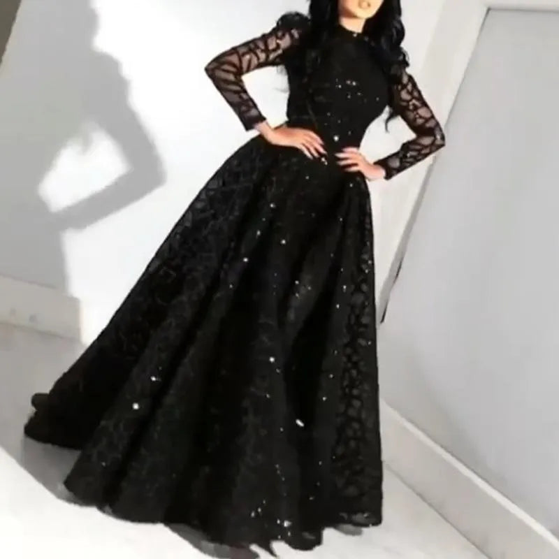 Casual Dresses Formal Evening Prom Beading For Women Female Ladies Party Long  O-Neck Light Black Ball Gown Floor-Length Clothes