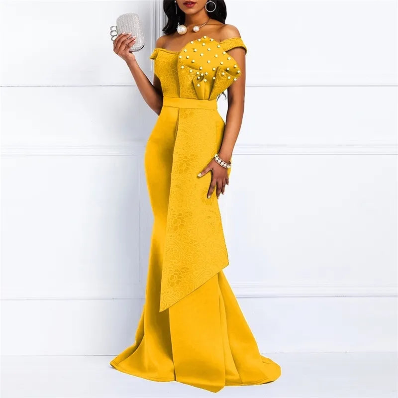 Yellow Dress Long For Women Off Shoulder Sexy Mermaid Beads Skinny Prom Floor Length Evening Dinner Wedding Party Maxi Dresses 210510