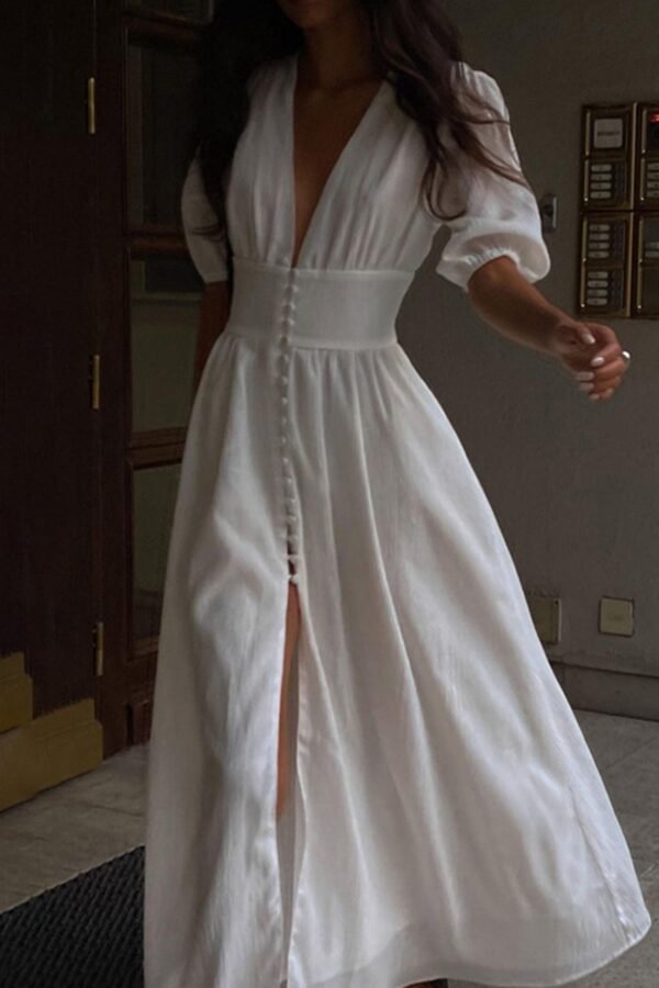 Puff Sleeve Single-breasted Slit Dress