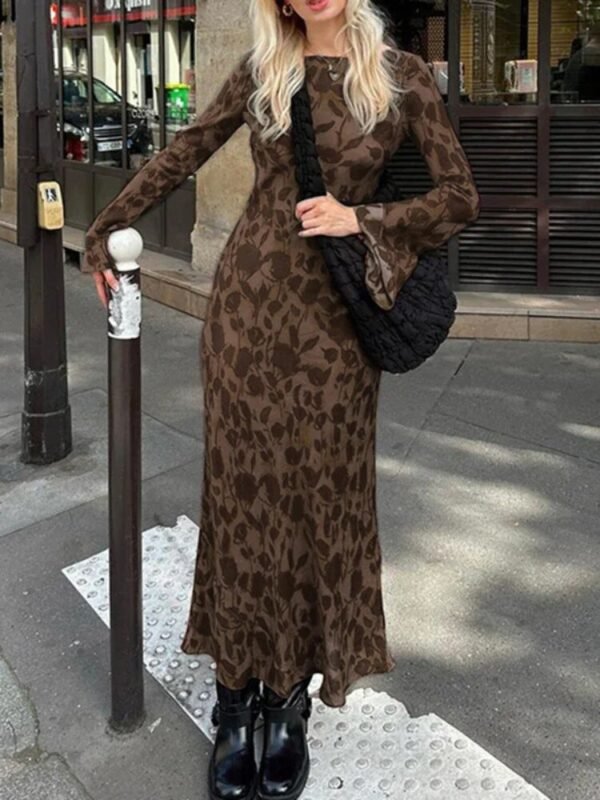 TARUXY Print Retro Dress For Women Fashion Bodycon High Waist Maxi Dresses Women's Autumn Street Slim Long Dress Femme 2023 New