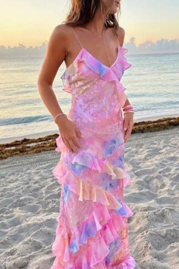 Sexy Celebrities Gradual Change Print Flounce V Neck One Step  Dresses
