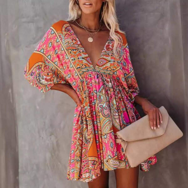 Sexy V-neck Waist Printed Bohemian Dress
