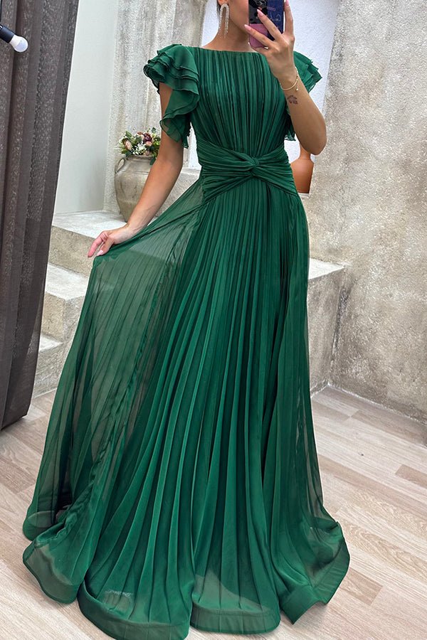 Green Elegant Queen Pleated Ruffle Sleeve Cross Waist Maxi Dress
